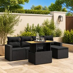 Garden Sofa Set 6 Piece Outdoor Furniture Patio Lounging Black Poly Rattan