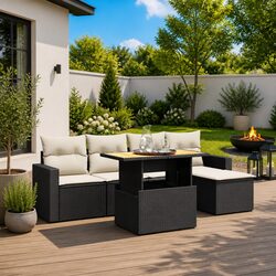 Garden Sofa Set 6 Piece Outdoor Furniture Black Poly Rattan Patio Seating with