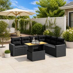 7 Piece Black Outdoor Sofa Set: Poly Rattan, Cushions Included