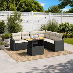 7 Piece Garden Sofa Set Outdoor Furniture with Cushions Black Poly Rattan Patio