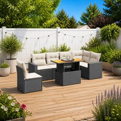 7 Piece Garden Sofa Set with Cushions Black Outdoor Patio Furniture Poly Rattan