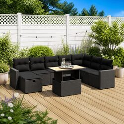 9 Piece Modular Black Rattan Sofa Set with Cushions