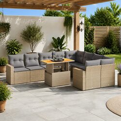 10 Piece Outdoor Garden Sofa Set - Beige Poly Rattan