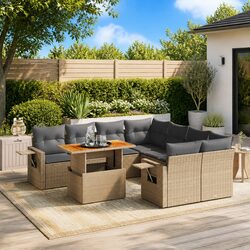 Garden Sofa Set 9 Piece Outdoor Furniture Beige Poly Rattan Patio Lounge with