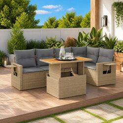 6-Piece Garden Sofa Set: Beige PE Rattan Outdoor Furniture