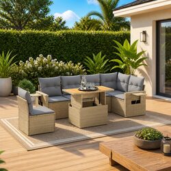 7 Piece Outdoor Garden Sofa Set: Beige, PE Rattan, Modular Design