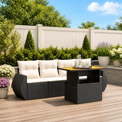 5 Piece Garden Sofa Set: Black PE Rattan with Cushions