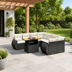 9 Piece Garden Sofa Set - Black PE Rattan Outdoor Furniture