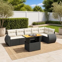 7 Piece Garden Sofa Set with Cushions Black Poly Rattan Outdoor Furniture Patio