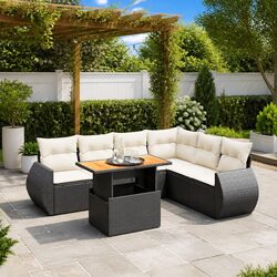 7 Piece Black Poly Rattan Sofa Set with Cushions Details