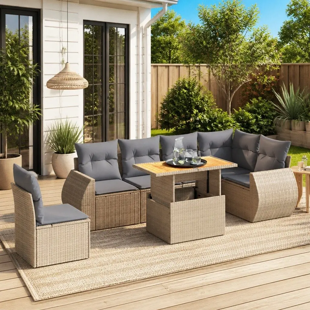 7 Piece Beige Outdoor Sofa Set with Adjustable Table