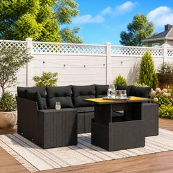 Garden Sofa Set 7 Piece Outdoor Furniture with Cushions Black Poly Rattan Patio