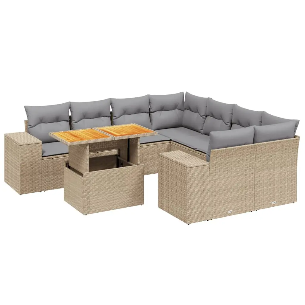 9 Piece Outdoor Garden Sofa Set for Patio Beige Poly Rattan with Cushions