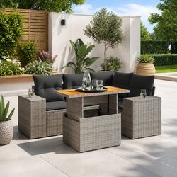 5 Piece Garden Sofa Set with Adjustable Dining Table Grey Poly Rattan Outdoor