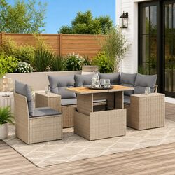6-Piece Garden Sofa Set Specifications: Beige Rattan & Cushions