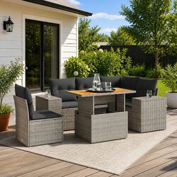 Garden Sofa Set 6 Piece Outdoor Furniture with Cushions Grey Poly Rattan Modular