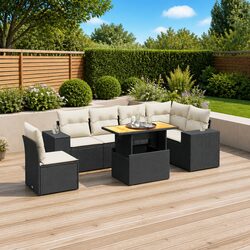 7 Piece Garden Sofa Set Black Poly Rattan Outdoor Patio Furniture with Cushions
