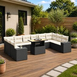 Garden Sofa Set 11 Piece Outdoor Furniture Black Poly Rattan Modular Patio