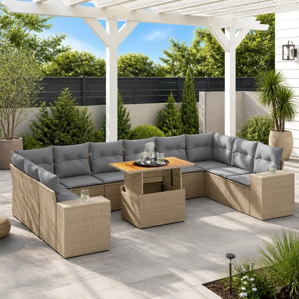 Outdoor Modular Sofa Set 11 Piece Beige Poly Rattan for Patio Garden