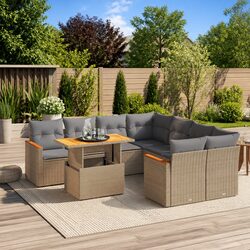 9 Piece Outdoor Sofa Set: Beige Rattan & Cushions