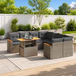 9-Piece Grey Rattan Outdoor Sofa Set with Cushions