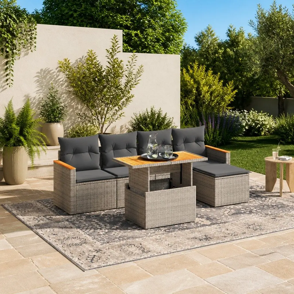 Garden Sofa Set 6 Piece Outdoor Furniture Grey Poly Rattan Patio Seating