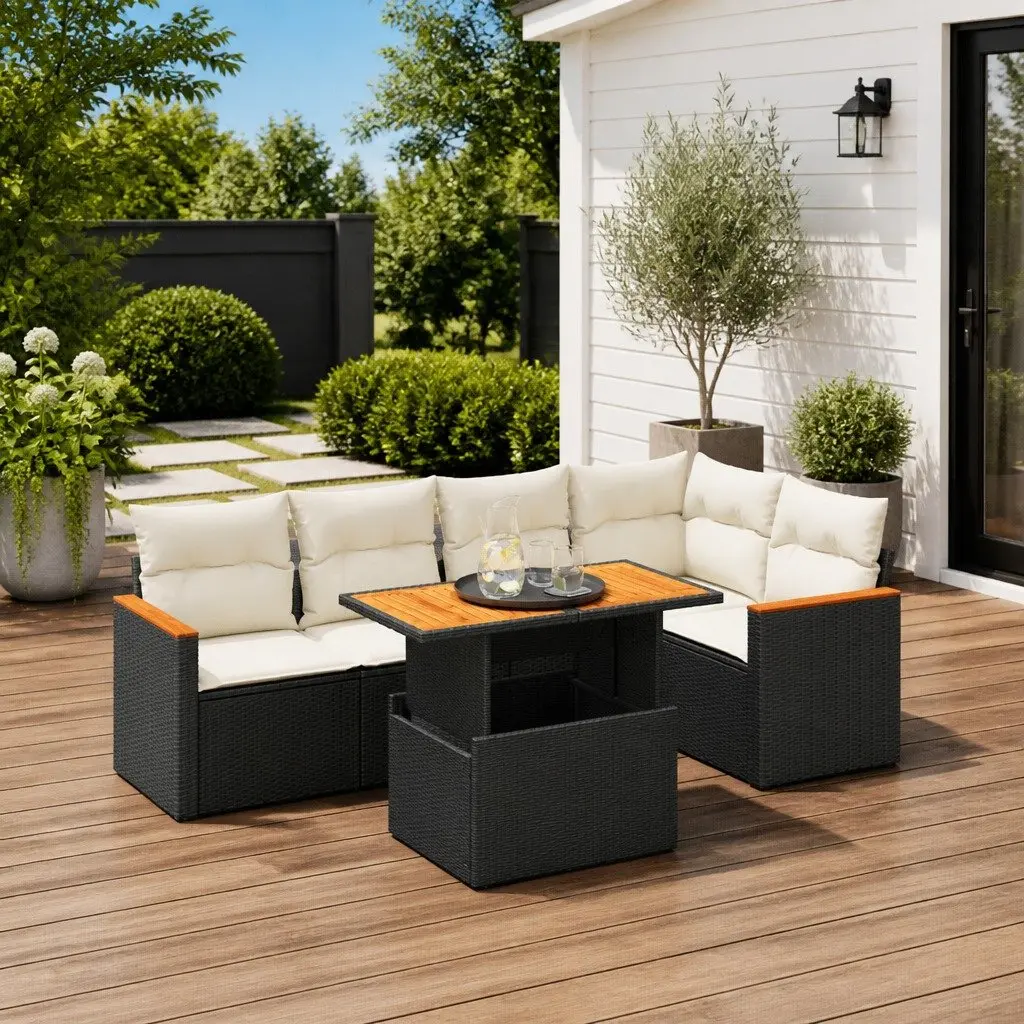 Garden Sofa Set 6 Piece Outdoor Furniture Patio Black Poly Rattan Modular