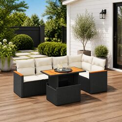 Garden Sofa Set: 6 Pieces, Black PE Rattan, Adjustable Table
