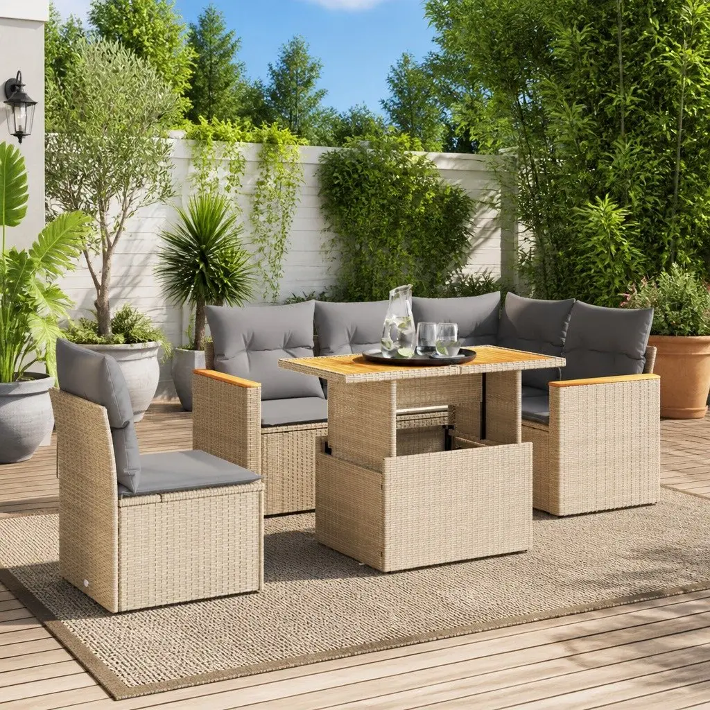 Garden Sofa Set Outdoor Furniture 6 Piece Beige Poly Rattan with Cushions
