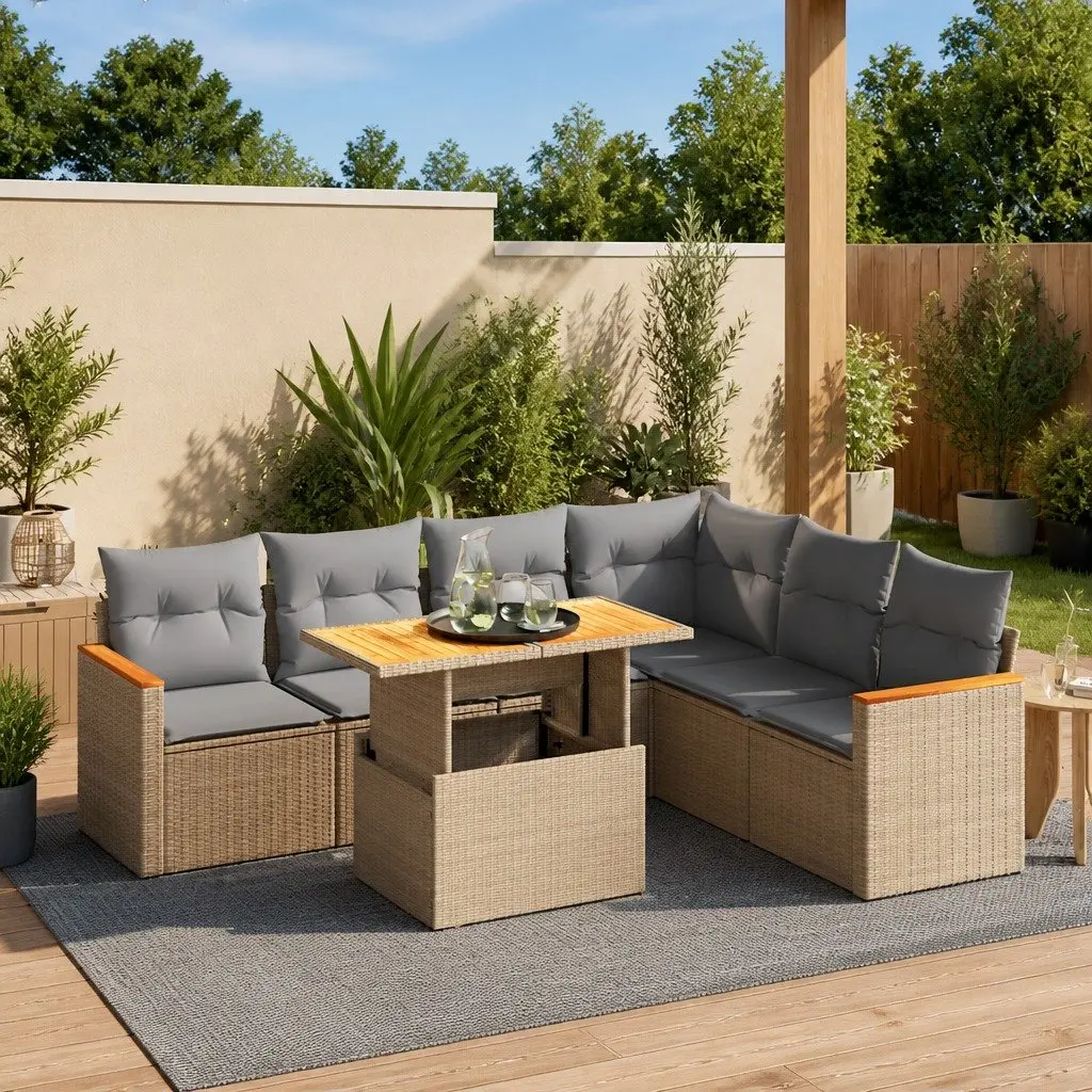 7 Piece Modular Garden Sofa Set in Beige with Cushions