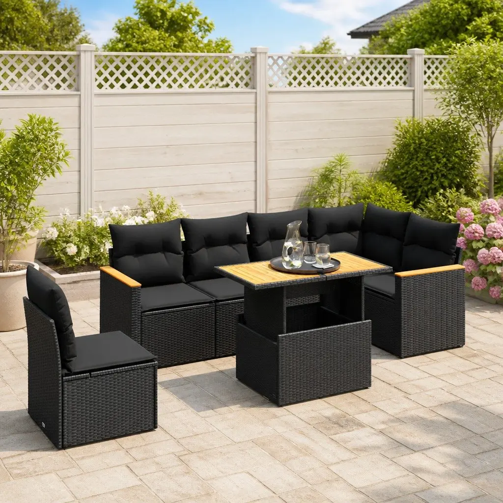7 Piece Garden Sofa Set Outdoor Furniture Black Poly Rattan for Patio