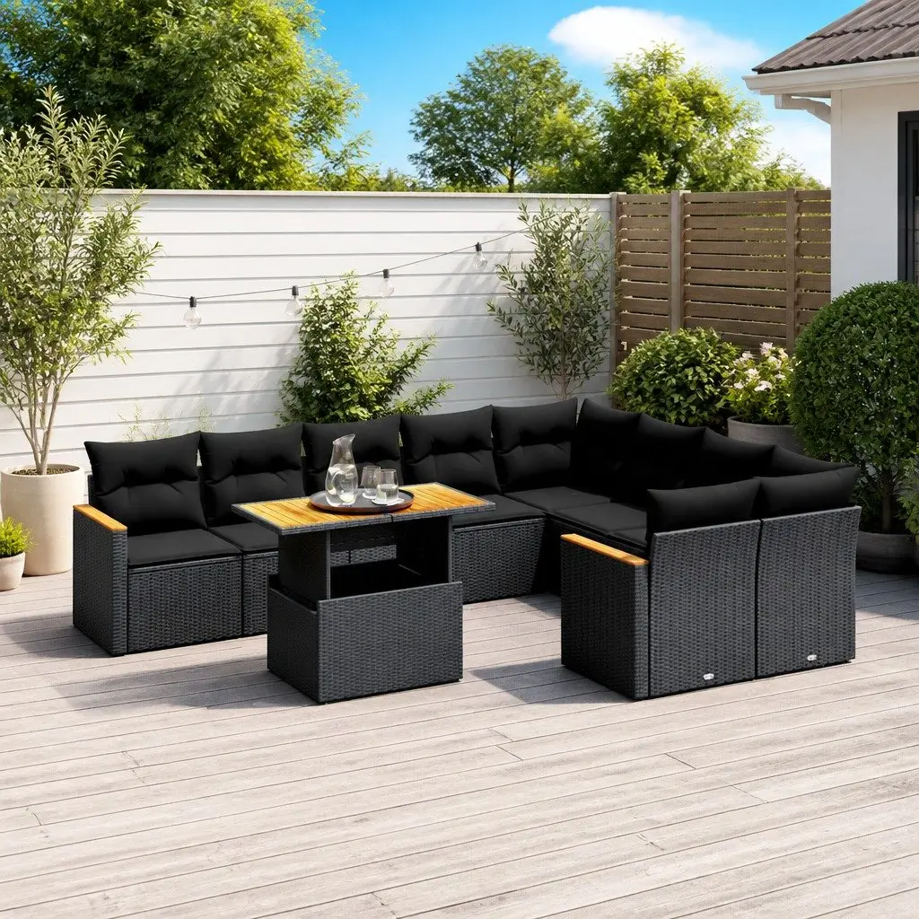 10 Piece Modular Patio Sofa Set for Outdoor Use Black Poly Rattan with Cushions and Adjustable Coffee to Dining Table