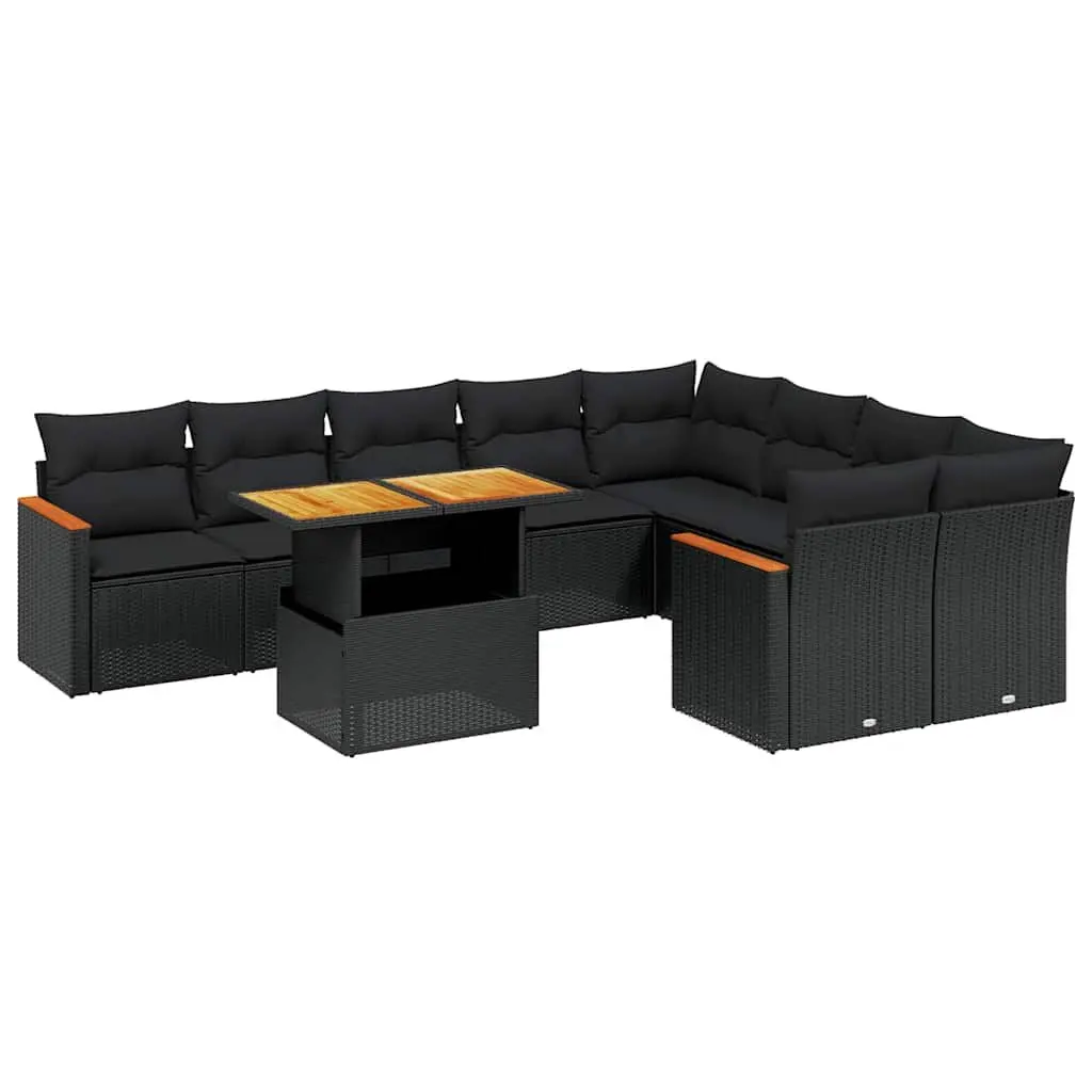 10 Piece Modular Patio Sofa Set for Outdoor Use Black Poly Rattan with Cushions and Adjustable Coffee to Dining Table