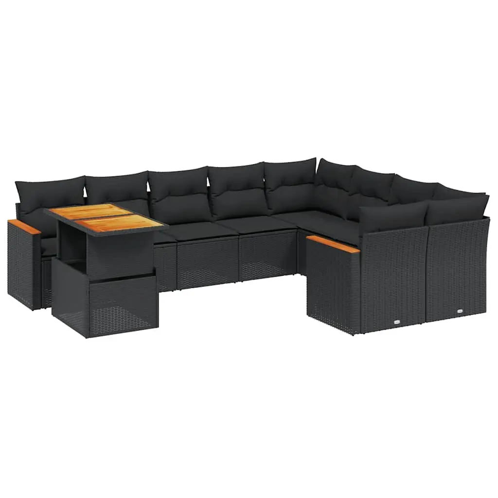 10 Piece Outdoor Garden Sofa Set for Backyard Terrace Patio Black Poly Rattan with Cushions