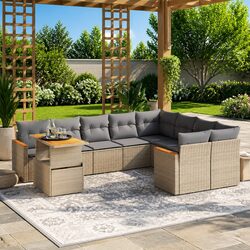 Garden Sofa Set 10 Piece Outdoor Furniture Beige Poly Rattan Patio Cushions