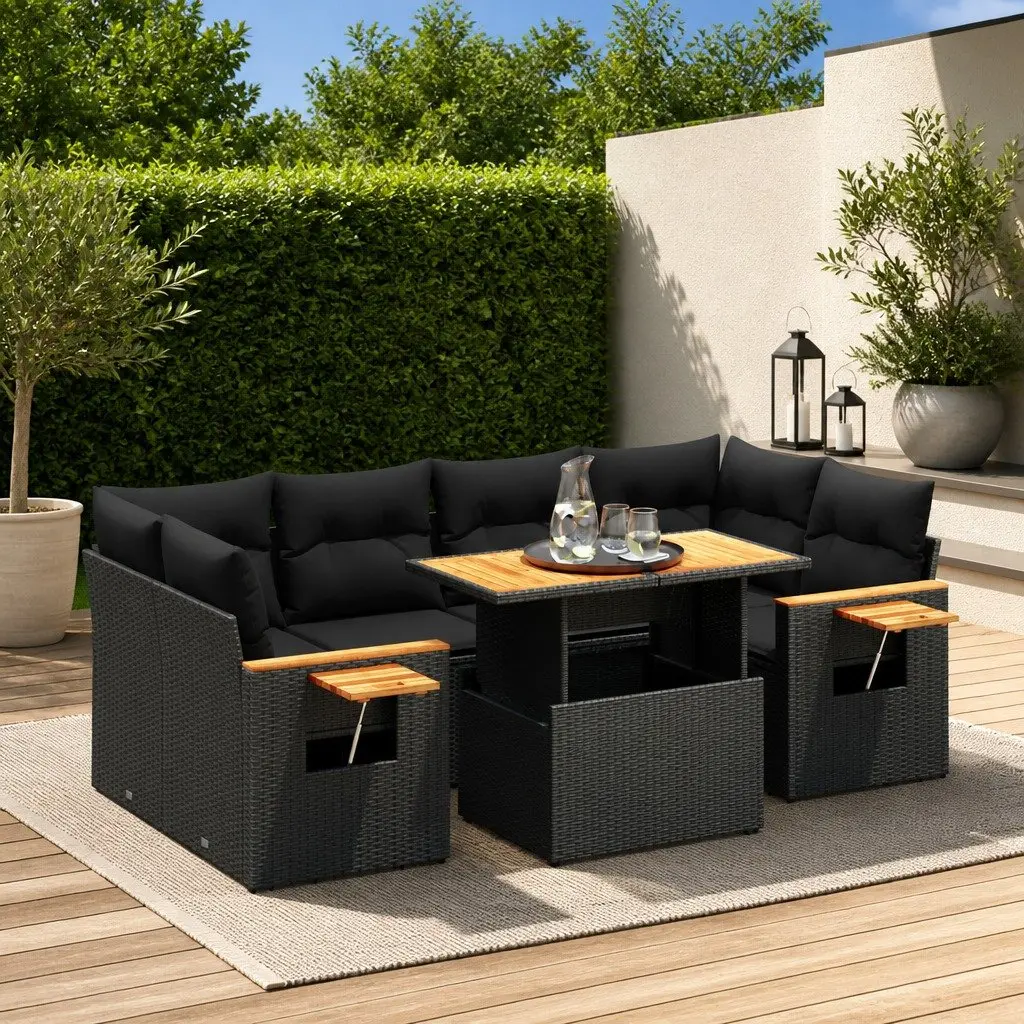 7 Piece Modular Outdoor Sofa Set with Cushions for Patio and Backyard Black Poly Rattan