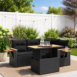 5 Piece Black Garden Sofa Set with Adjustable Table and Cushions