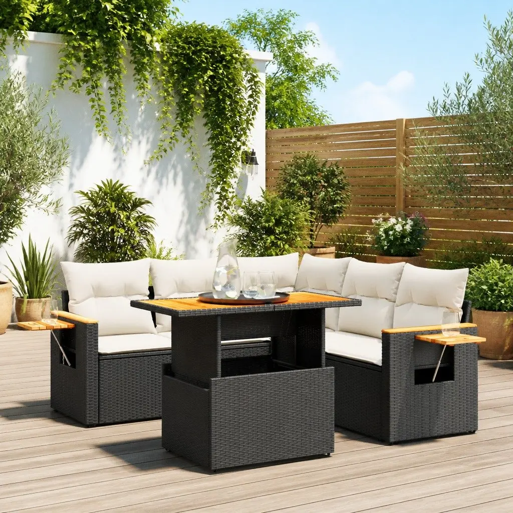 Garden Sofa Set Outdoor Furniture 6 Piece Black Poly Rattan Modular Patio