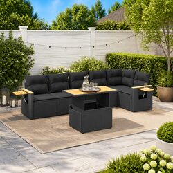 Specs of 7 Piece Garden Sofa Set: Black Rattan & Cushions