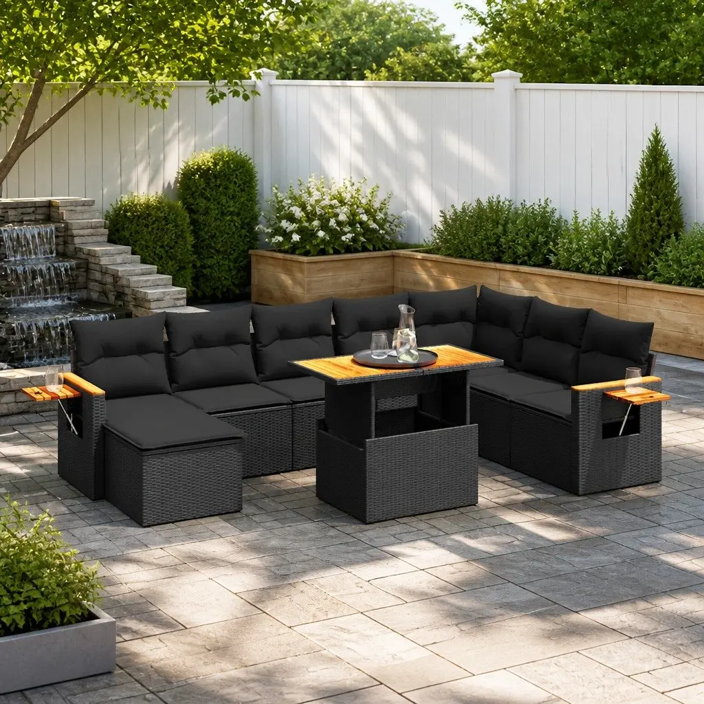 Garden Sofa Set Outdoor Furniture 9 Piece Black Poly Rattan Patio Lounge Modular