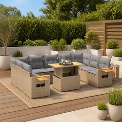 Garden Sofa Set 10 Piece Outdoor Furniture Patio Beige Poly Rattan Modular