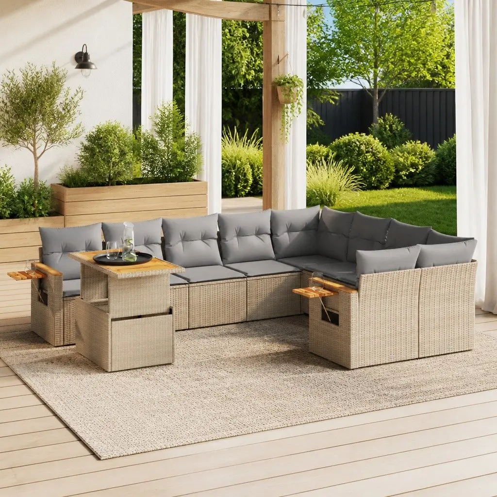 Garden Sofa Set Outdoor Use 10 Piece Beige Poly Rattan Patio Lounge