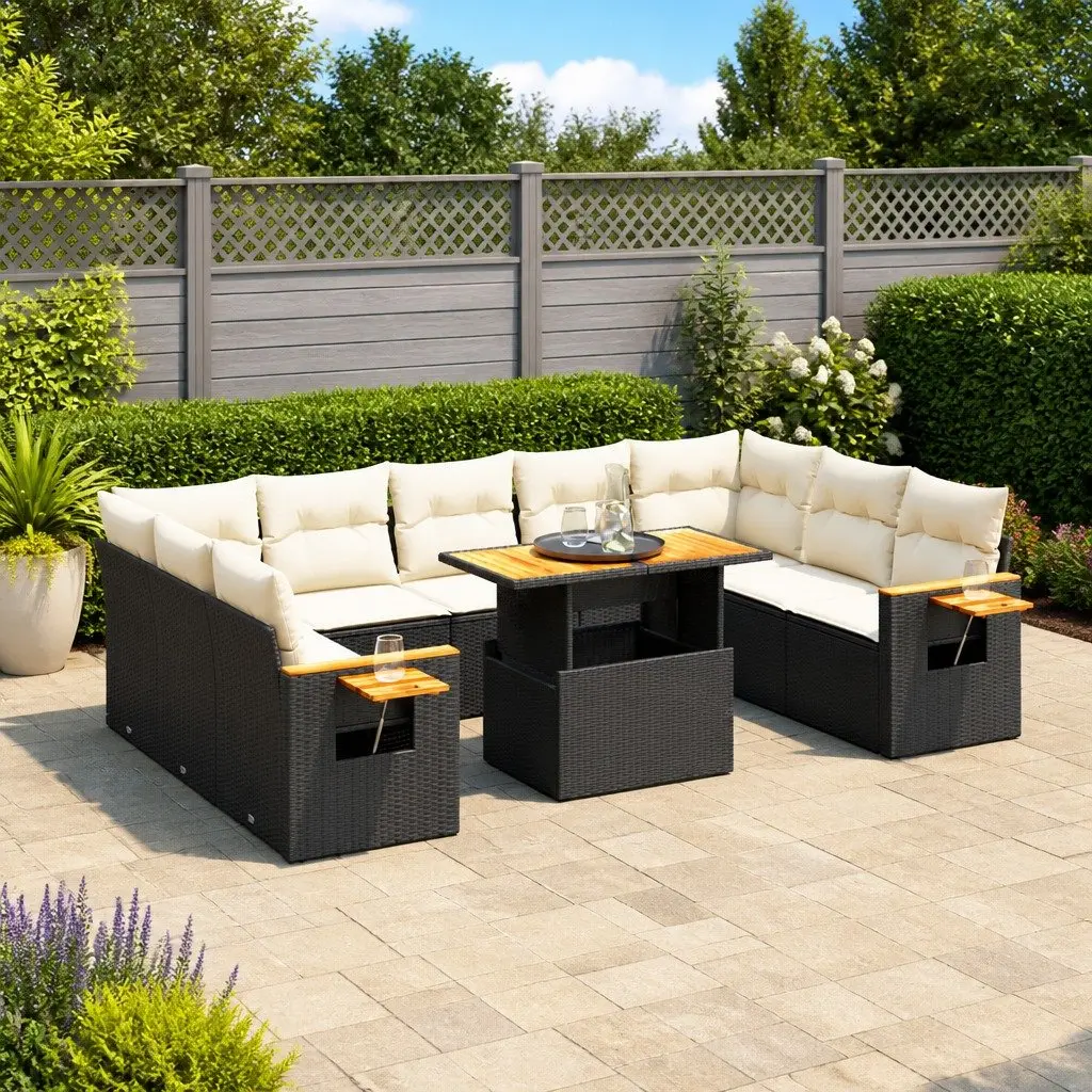 Modular Outdoor Sofa Set 11 Piece Black Poly Rattan for Patio Garden Use