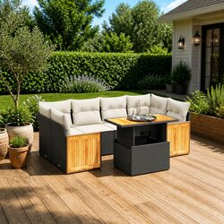 7 Piece Garden Sofa Set Outdoor Patio Furniture Black Poly Rattan with Cushions
