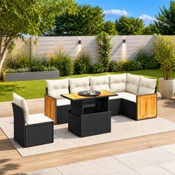 7 Piece Garden Sofa Set Outdoor Furniture Black Poly Rattan Patio with Cushions