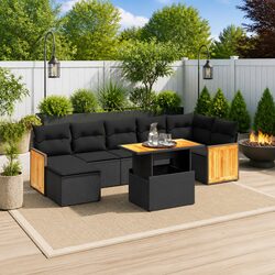Outdoor Furniture Sofa Set - 8 Pieces, Black PE Rattan Design