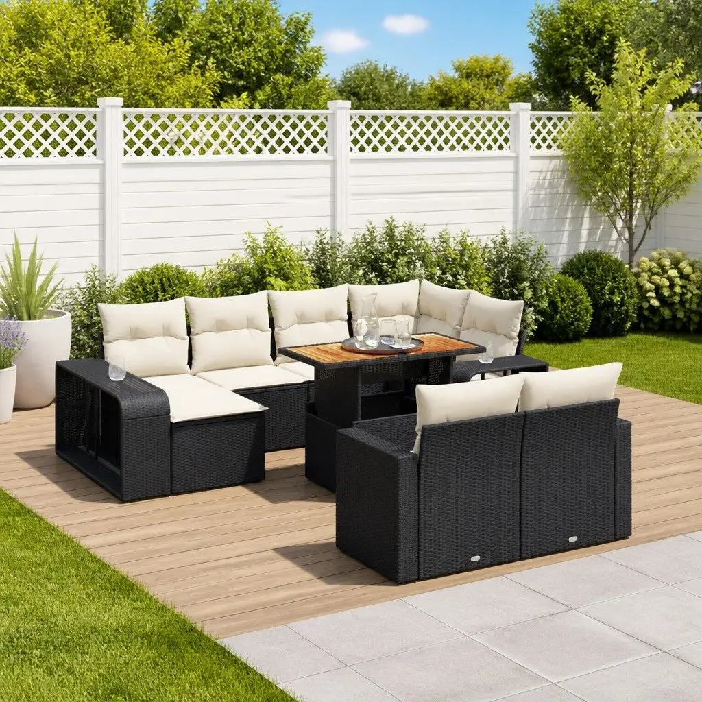 11 Piece Outdoor Garden Sofa Set Patio Furniture Black Poly Rattan with Cushions
