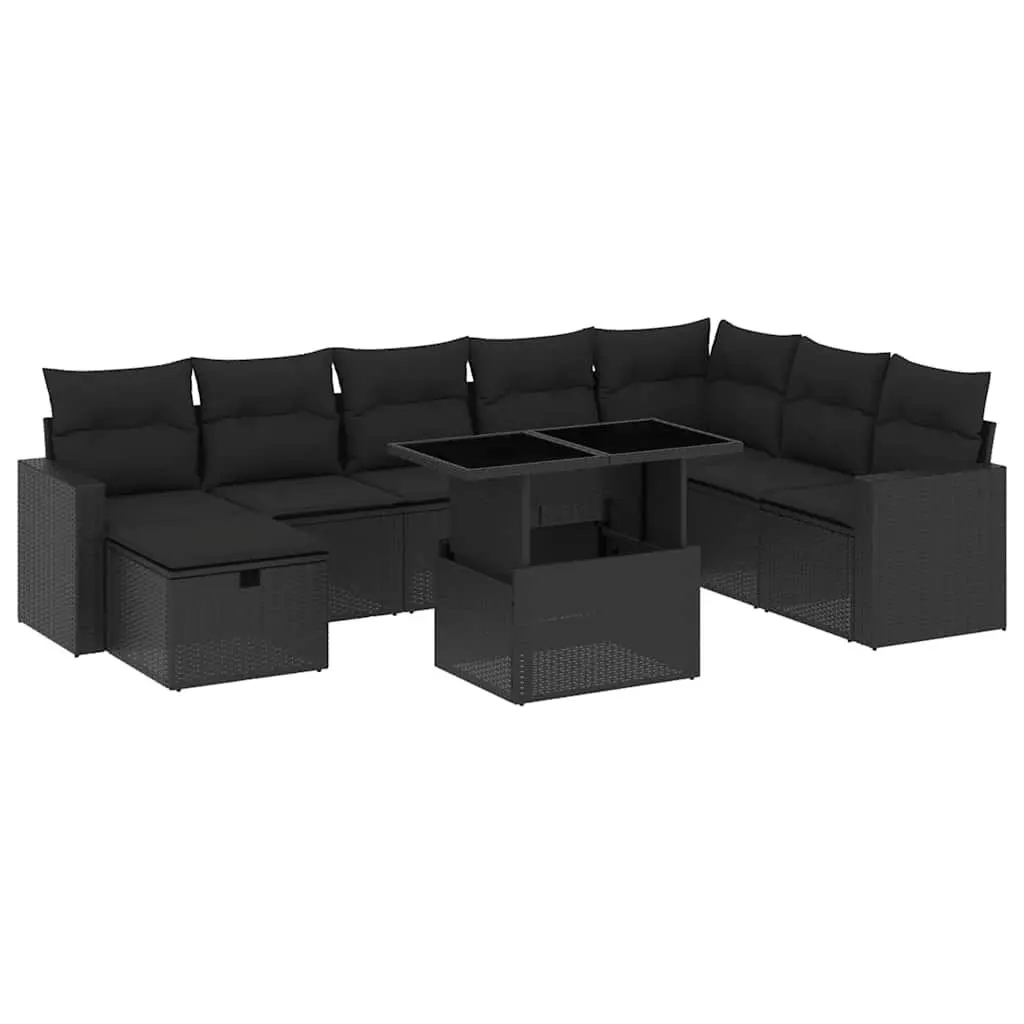 Garden Sofa Set 9 Piece Outdoor Furniture Patio Rattan Lounge with Cushions Black