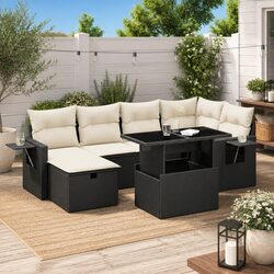 7 Piece Garden Sofa Set with Cushions Black Poly Rattan Outdoor Furniture Patio