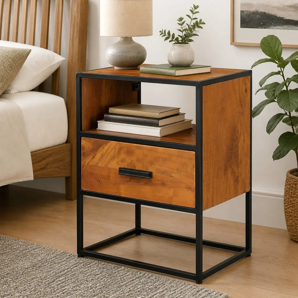 40x30x50 cm Bedside Table with Solid Acacia Wood and Iron Legs